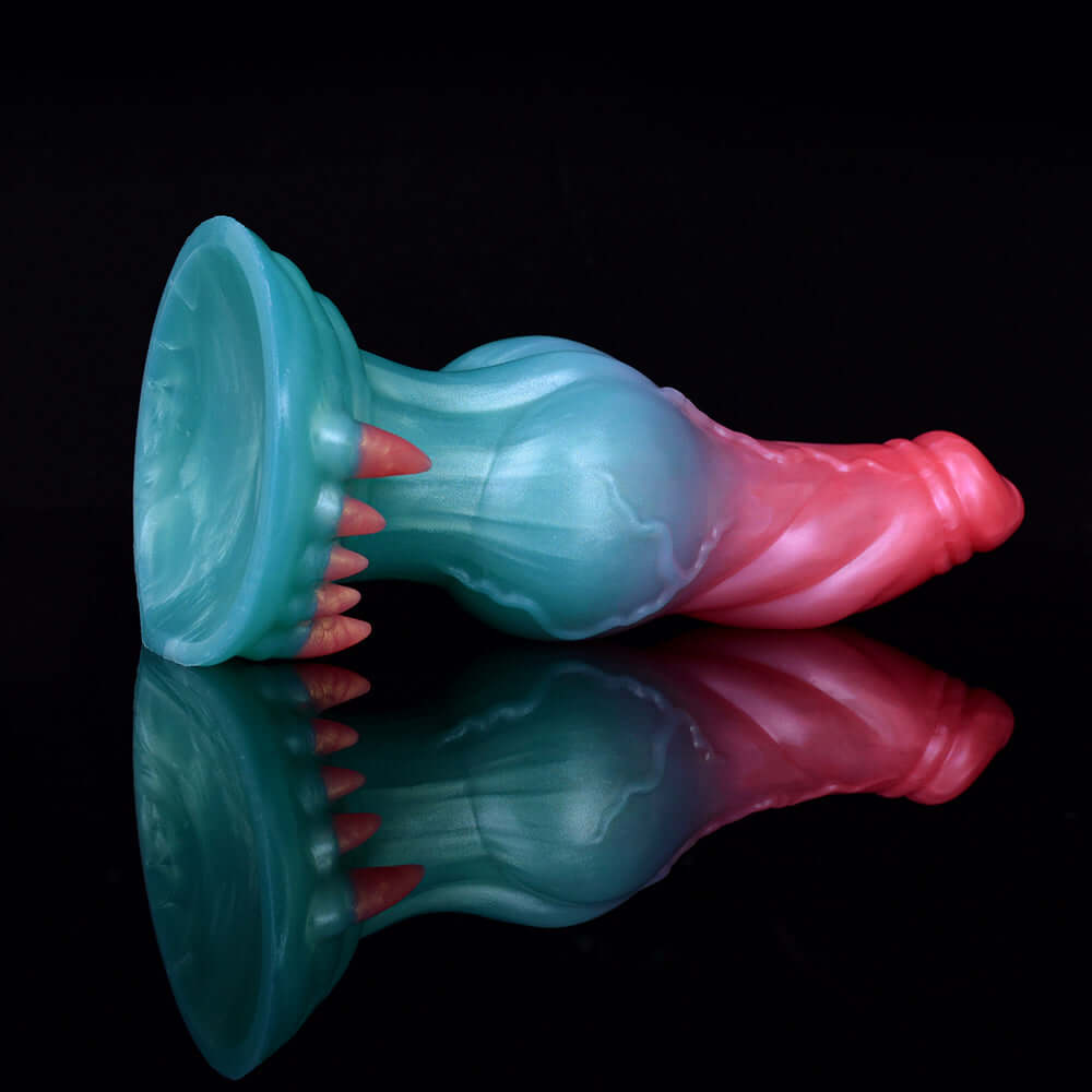 Alien-Wolf Dildo, Rückansicht mit Krallenring, blaues Ende, rosa Mittelbereich