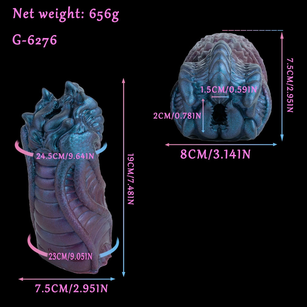 Blue and maroon dragon-mouth masturbator, head profile and curved ridged body
