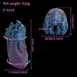 Blue and maroon dragon-mouth masturbator, head profile and curved ridged body
