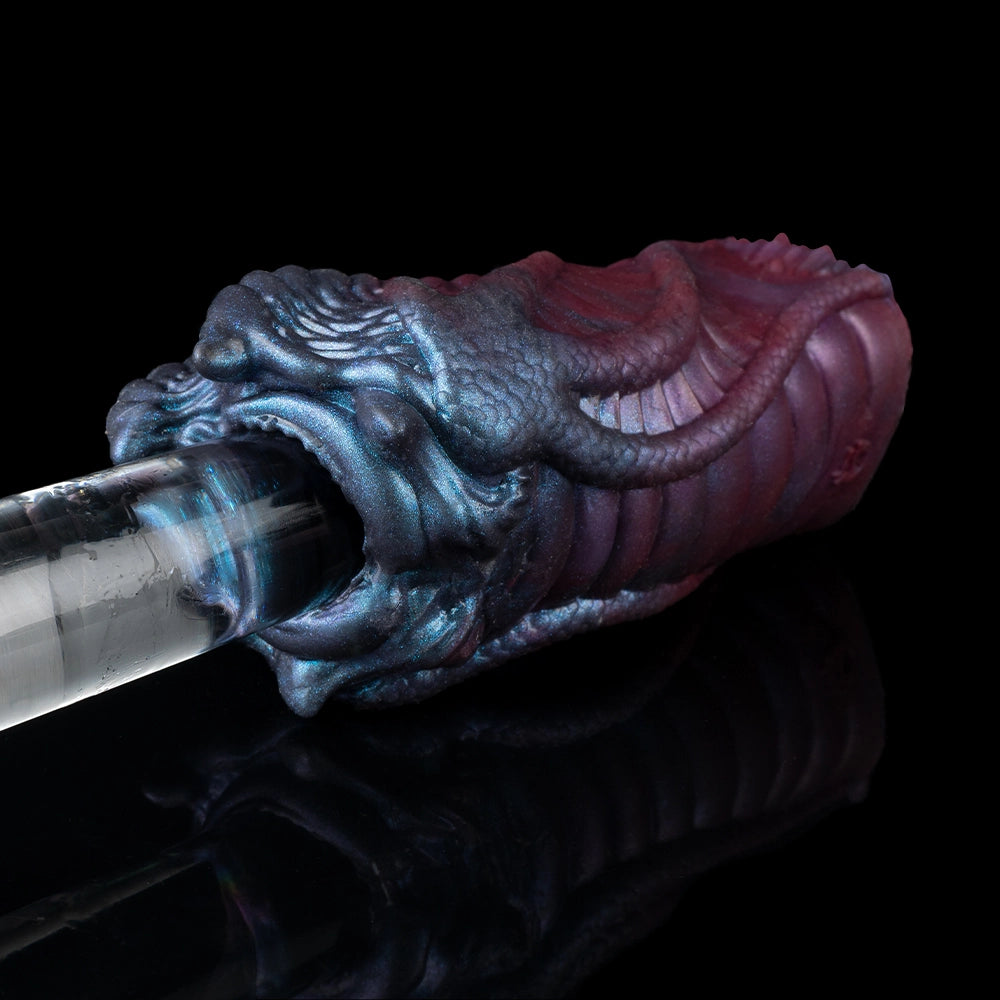 Blue and maroon dragon-mouth male masturbator, side view of detailed dragon head