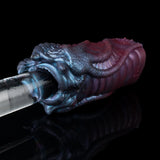 Blue and maroon dragon-mouth male masturbator, side view of detailed dragon head