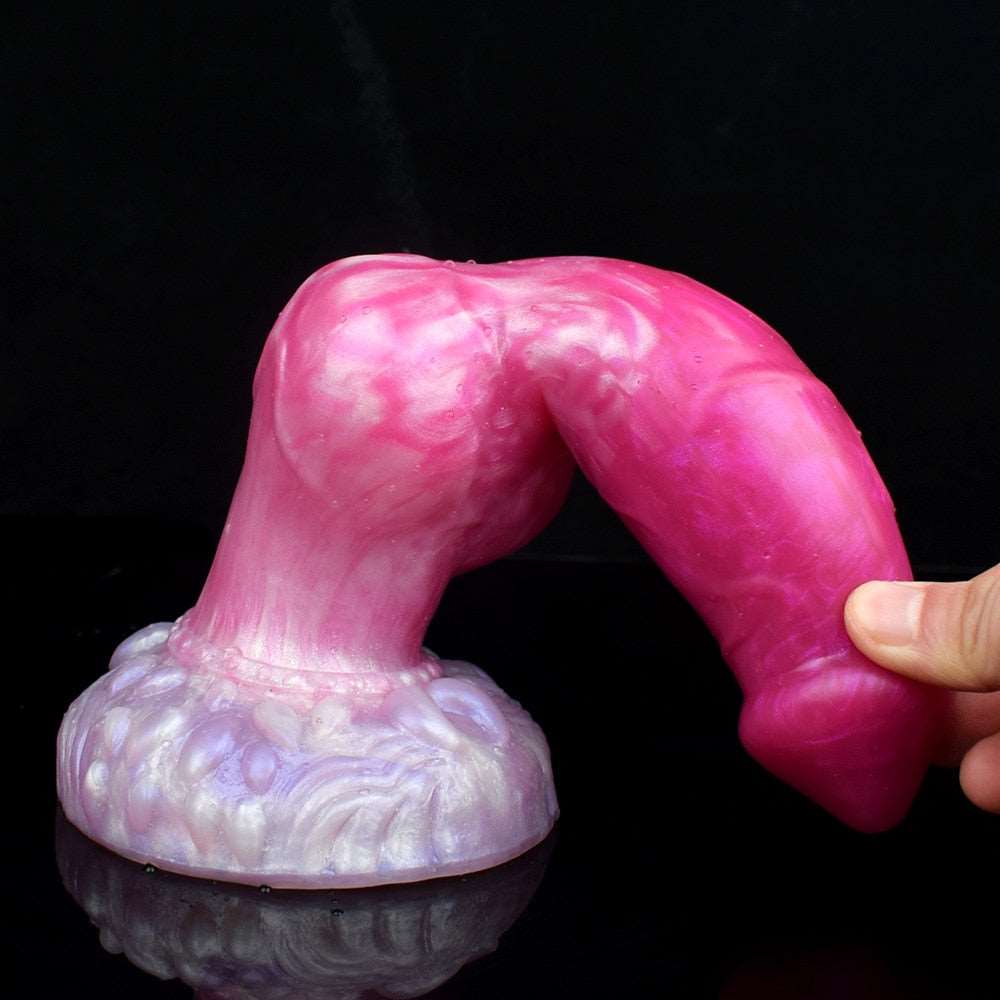 Pink dog dildo with huge knot, underside view near the base