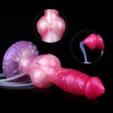 Side view of pink dog-shaped dildo with purple knot base; tube pouring fluid
