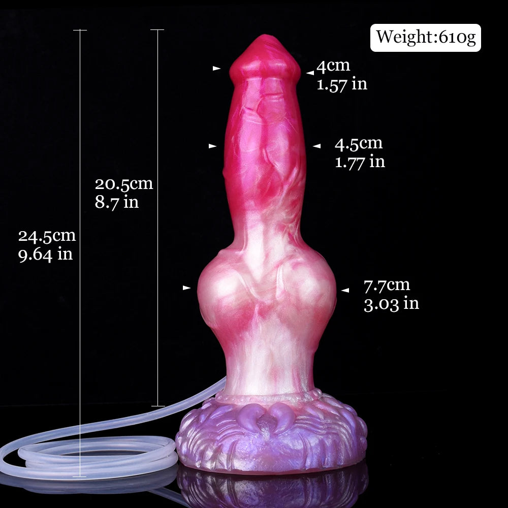 Pink dog-shaped dildo with purple knot base, shown with size markers and weight label