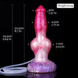 Pink dog-shaped dildo with purple knot base, shown with size markers and weight label