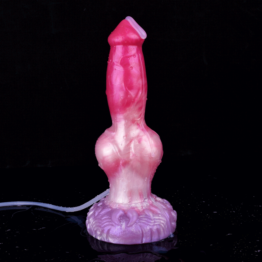 Upright pink dog-themed adult toy with purple knot suction base and attached tube