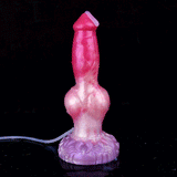 Pink dog-shaped dildo standing with suction tube attached to purple knot base