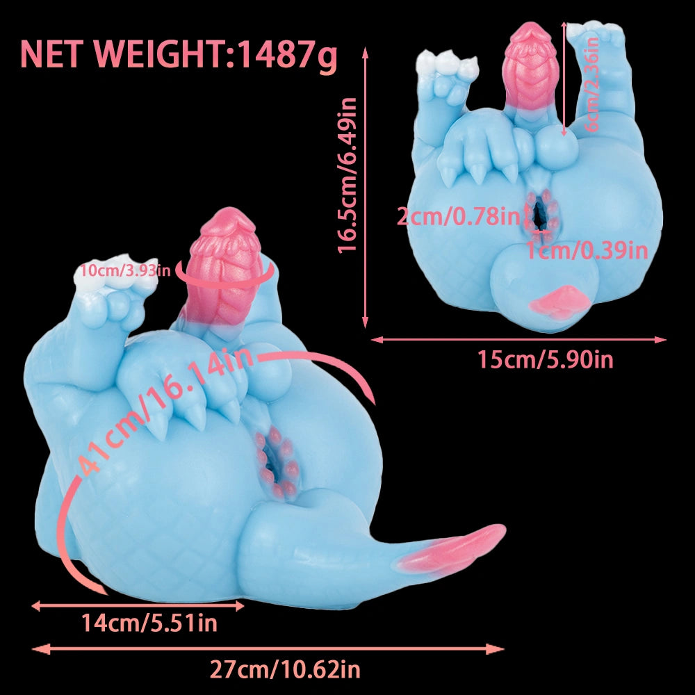 Light blue dragon-shaped full-body toy with pink crest and pink mouth, side view