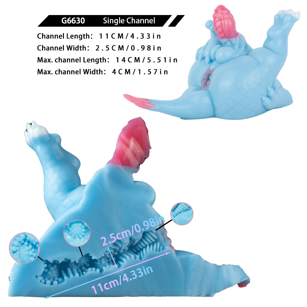 Light blue dragon toy lying down with pink fin detail, diagram-style product view
