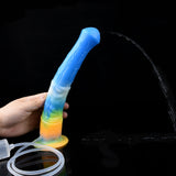 Blue luminous equine vibrator held in hand, showing clear hose connection