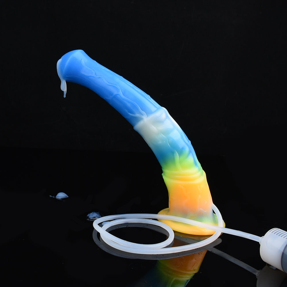 Blue-to-rainbow luminous vibrator with dripping tip and connected white hose