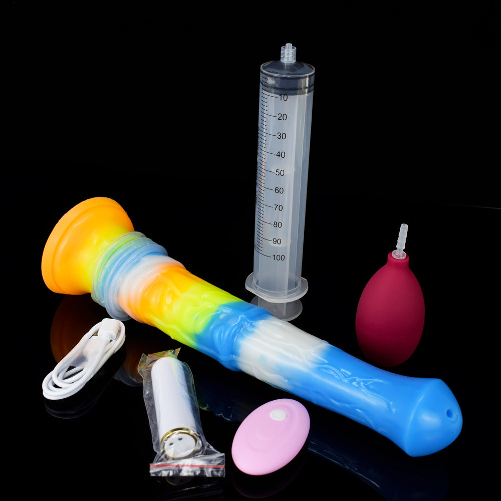 DirtyToyz blue rainbow vibrator set with measuring syringe, spray bulb, and charger