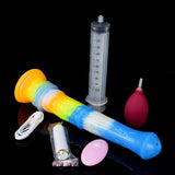 DirtyToyz blue rainbow vibrator set with measuring syringe, spray bulb, and charger