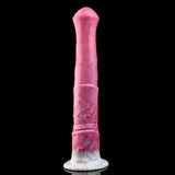 Pink marbled horse vibrator standing upright with flared white base