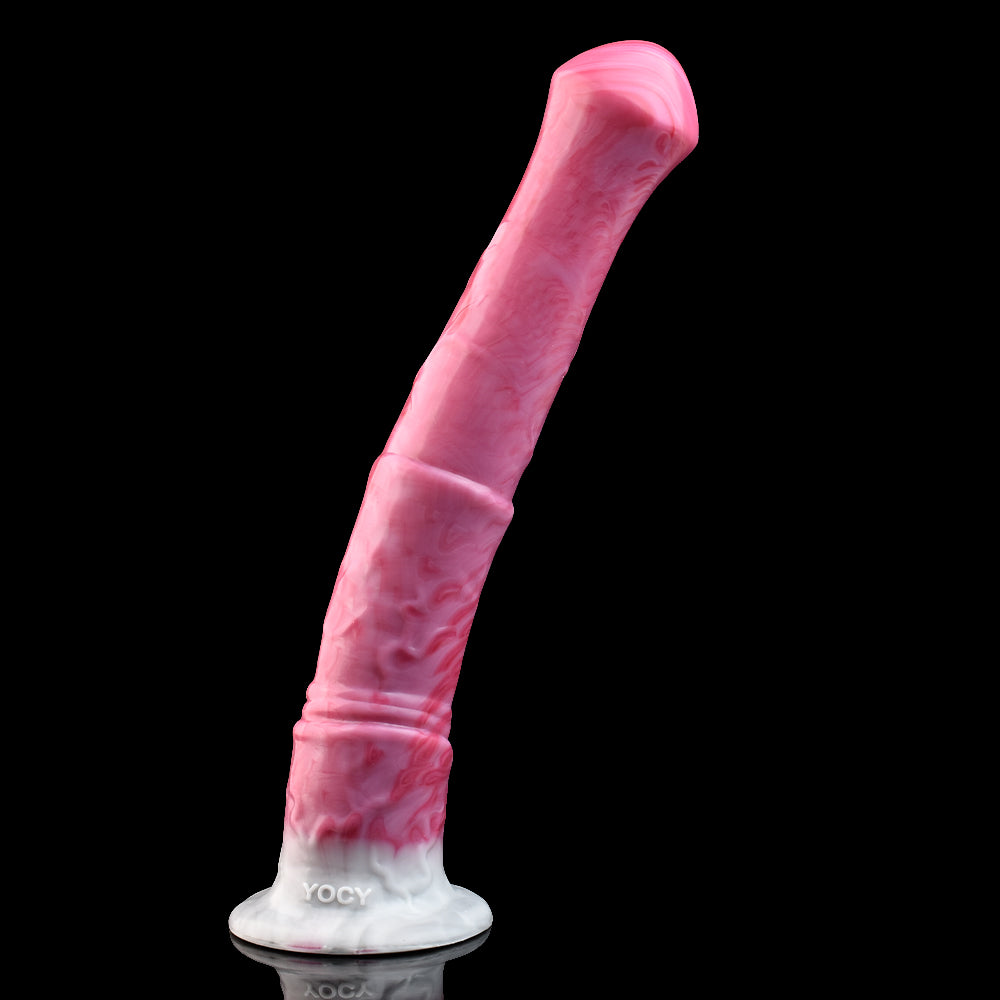 Pink horse-shaped vibrator dildo with ribbed texture and white base