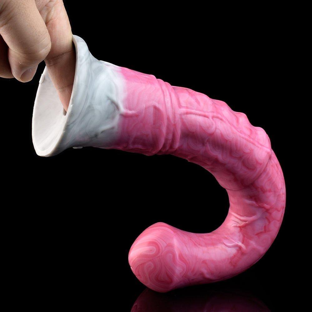 Close view of pink marbled horse vibrator with white flared base ring