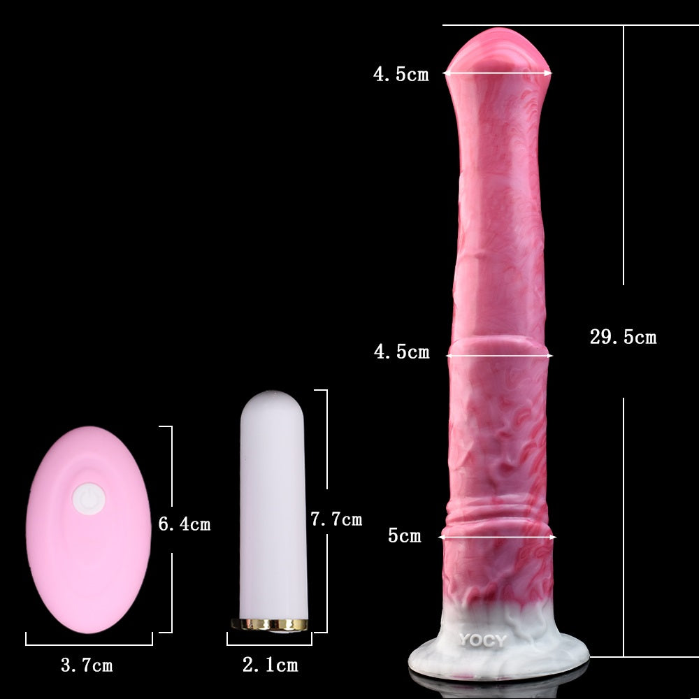 Pink marbled horse vibrator size diagram with flared white base and charging pieces