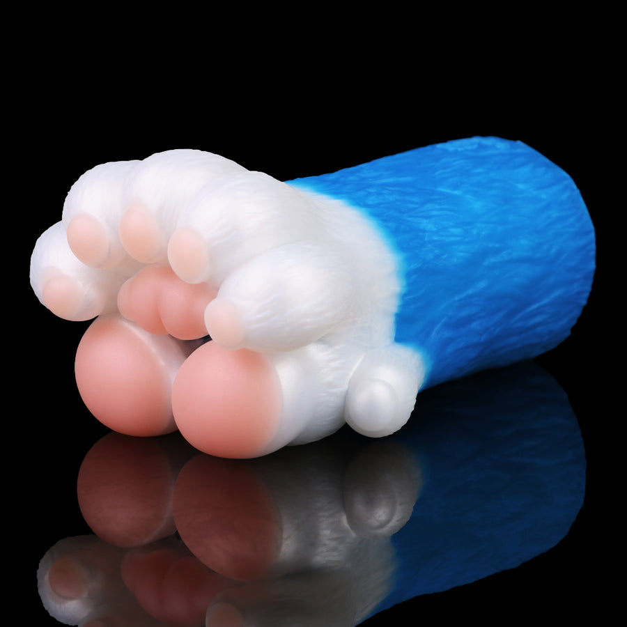 Blue and white male novelty masturbator, close-up of white front paw-like cluster