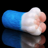 Bear Paw male fleshlight angled view; blue handle and white furry paw tips