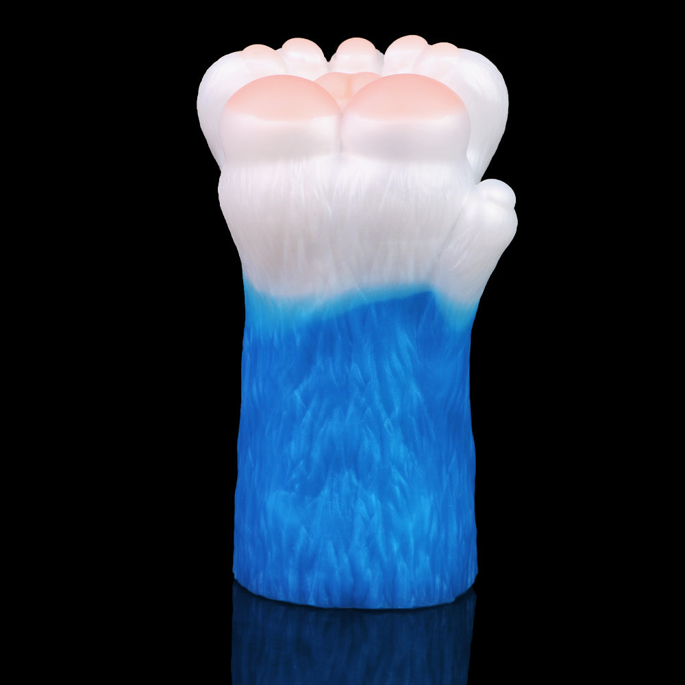 Bear Paw male fleshlight end view; rounded white furry paw with pink pads