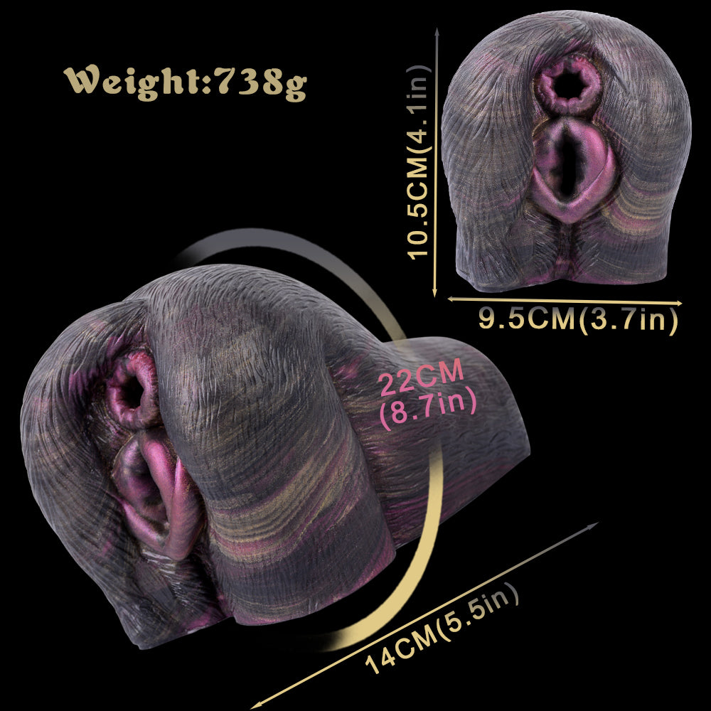 Animal-style dual-hole sex toy with size markings: 14 cm length, 22 cm width
