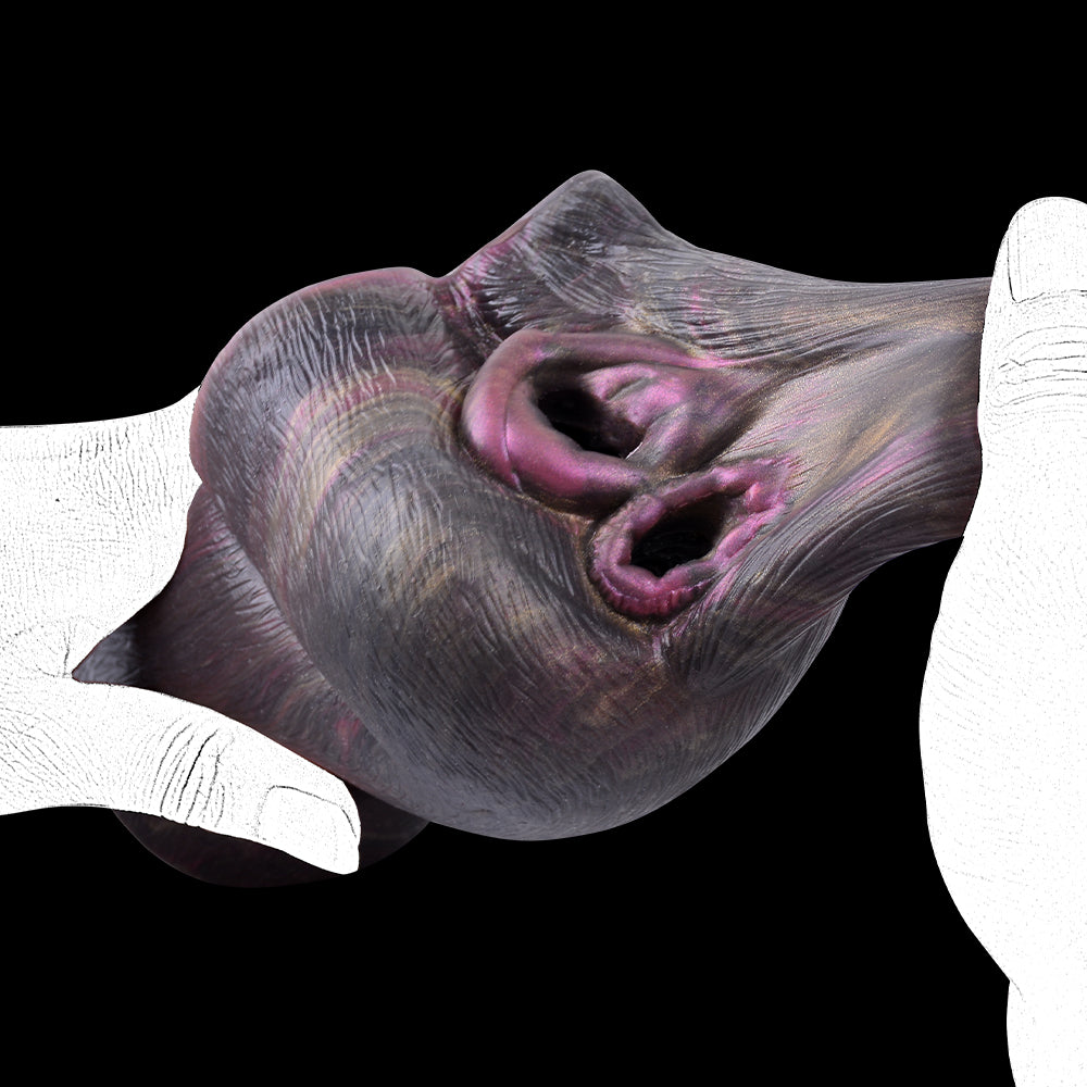 Animal-style dual-opening sex toy held by white-gloved hands