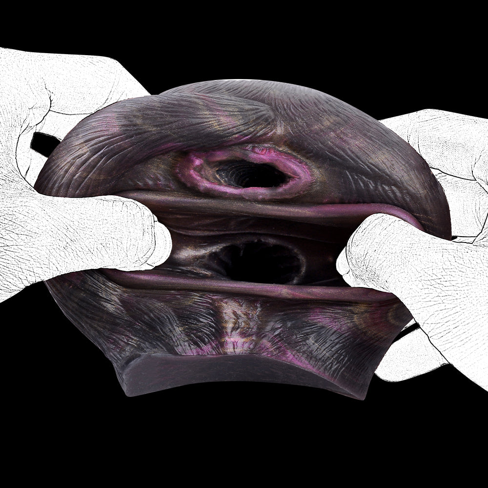 Animal-style dual-hole sex toy with hands pressing the side opening