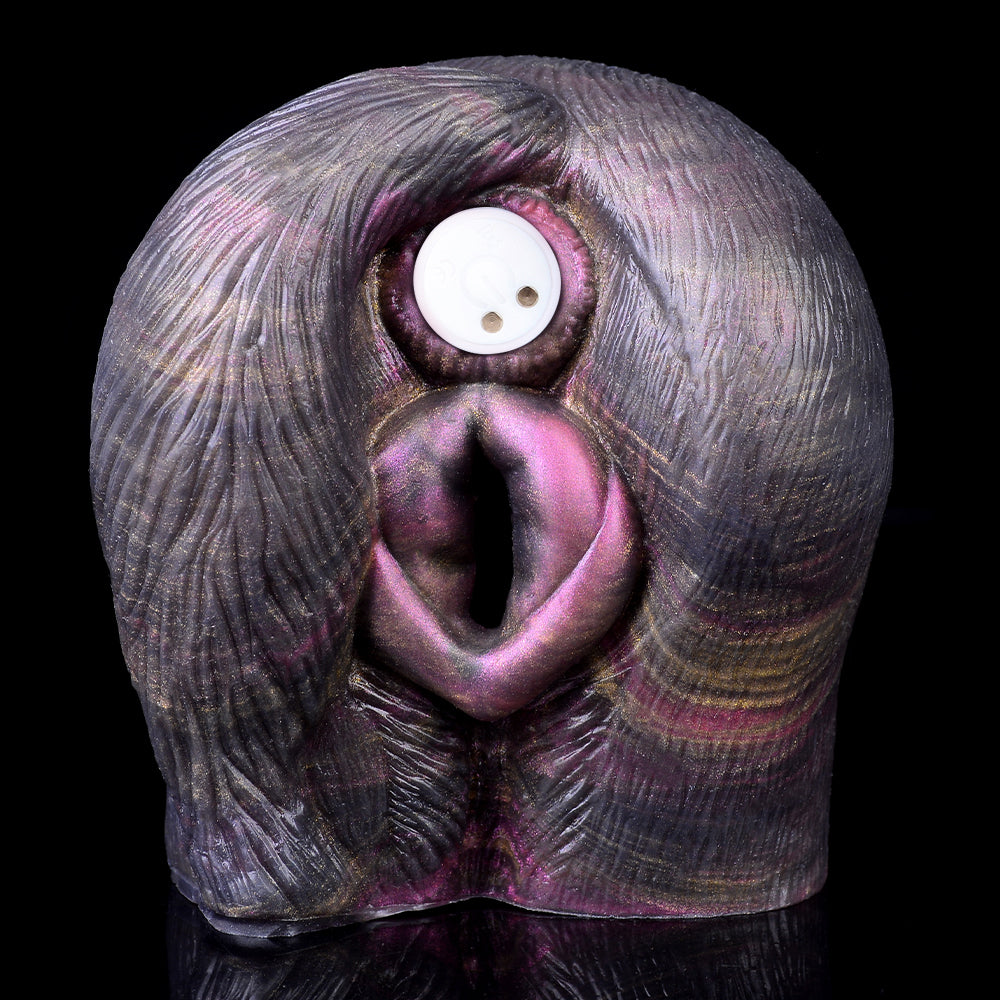 Front view of animal-style dual-opening sex toy with small white control circle