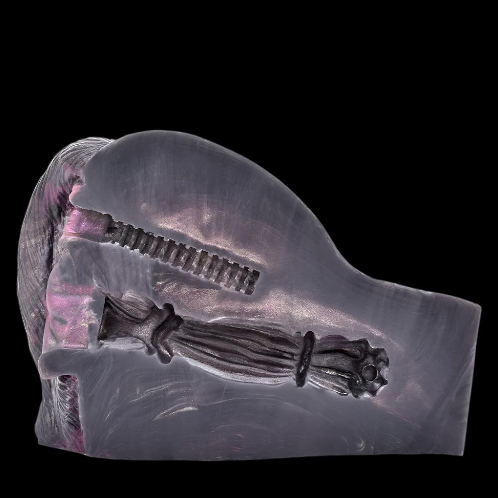Dual-hole animal masturbator with vibrator, curved translucent design and ridged opening