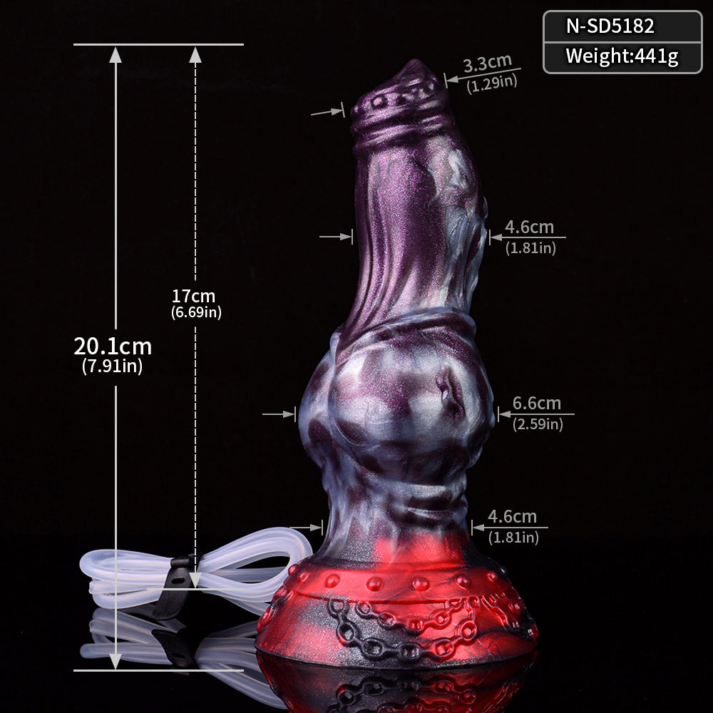 Knot dildo size diagram with purple body and red base, clear tube