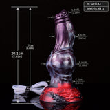Knot dildo size diagram with purple body and red base, clear tube