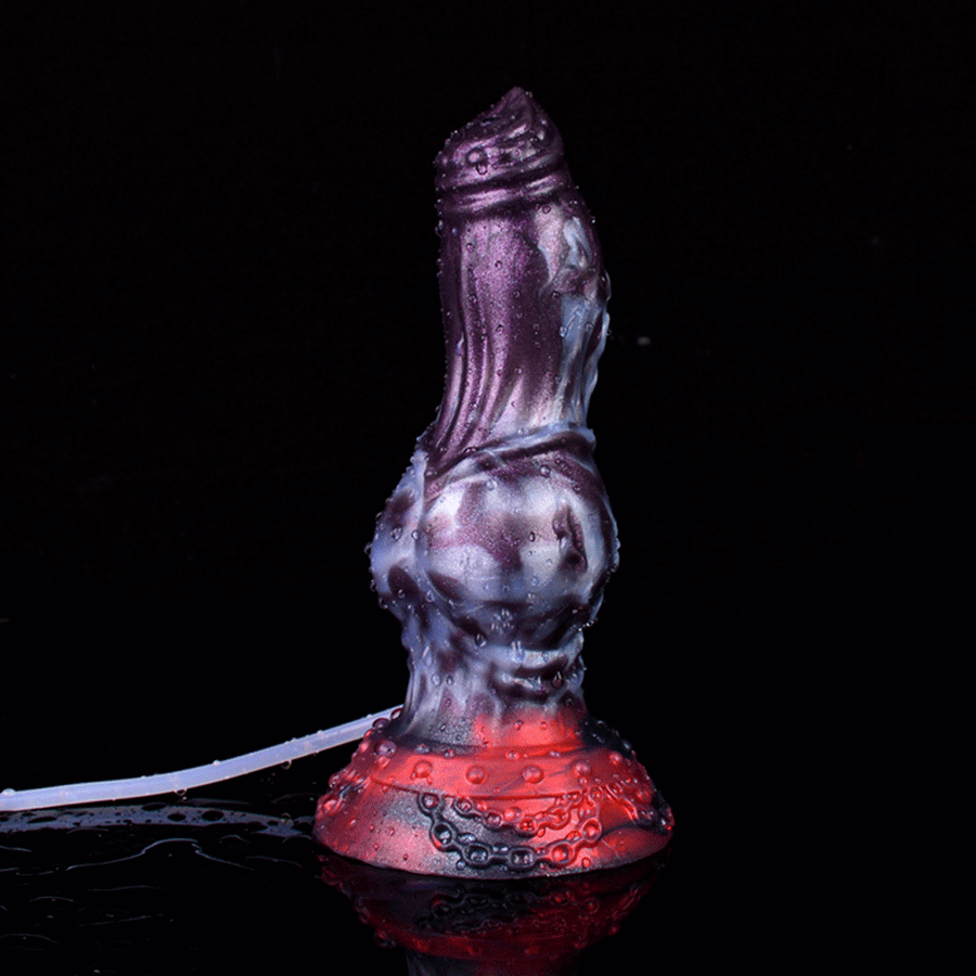 Purple and red squirting knot dildo with clear tubing line extending from base