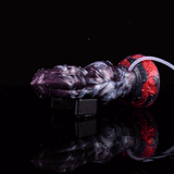 Purple-and-red knot dildo with clear tube on dark base, side angle