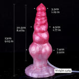 Dildo alien fucsia: medidas y peso mostrados; base ancha con manguera transparente