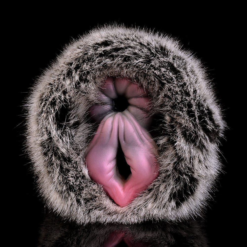 Furry dual-hole male masturbator with plush rim and twin openings