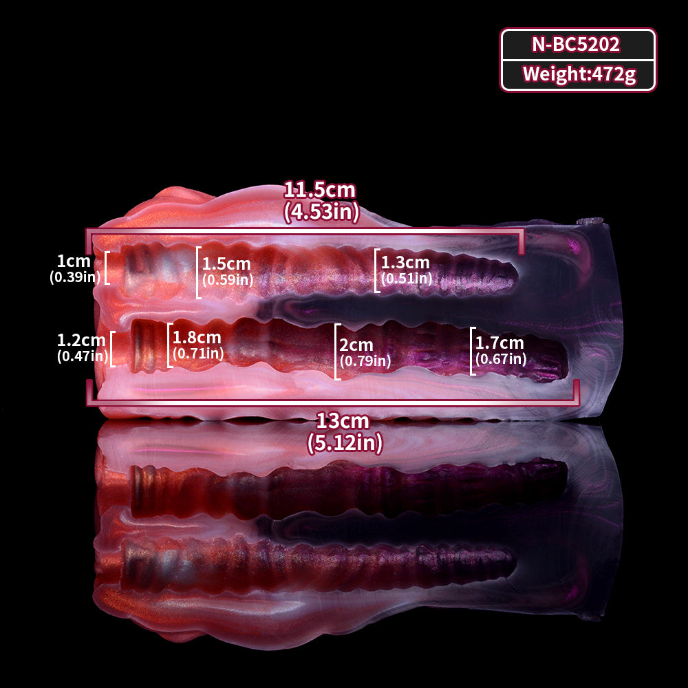 Maßdiagramm: Masturbator ca. 13 cm lang, Drachenhaut-Oberfläche mit 2 Kanälen