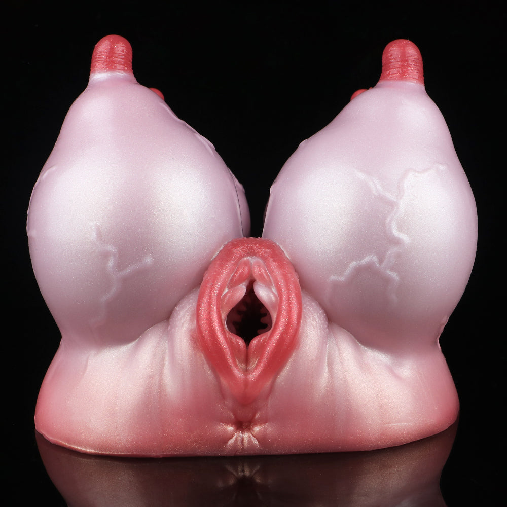 Pink silicone anatomical toy with two red-tipped forms and a central red opening