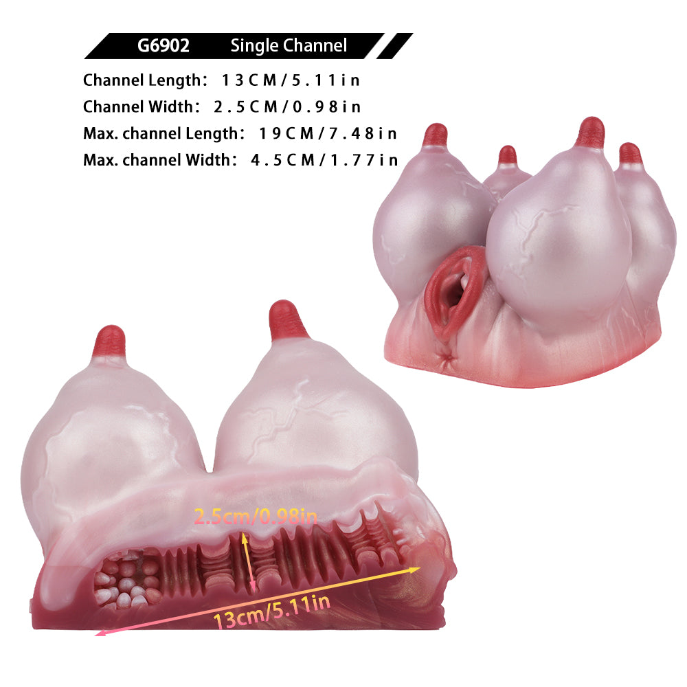 Pink silicone anatomical toy with multiple angles, red opening at center