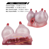 Pink silicone anatomical toy with multiple angles, red opening at center