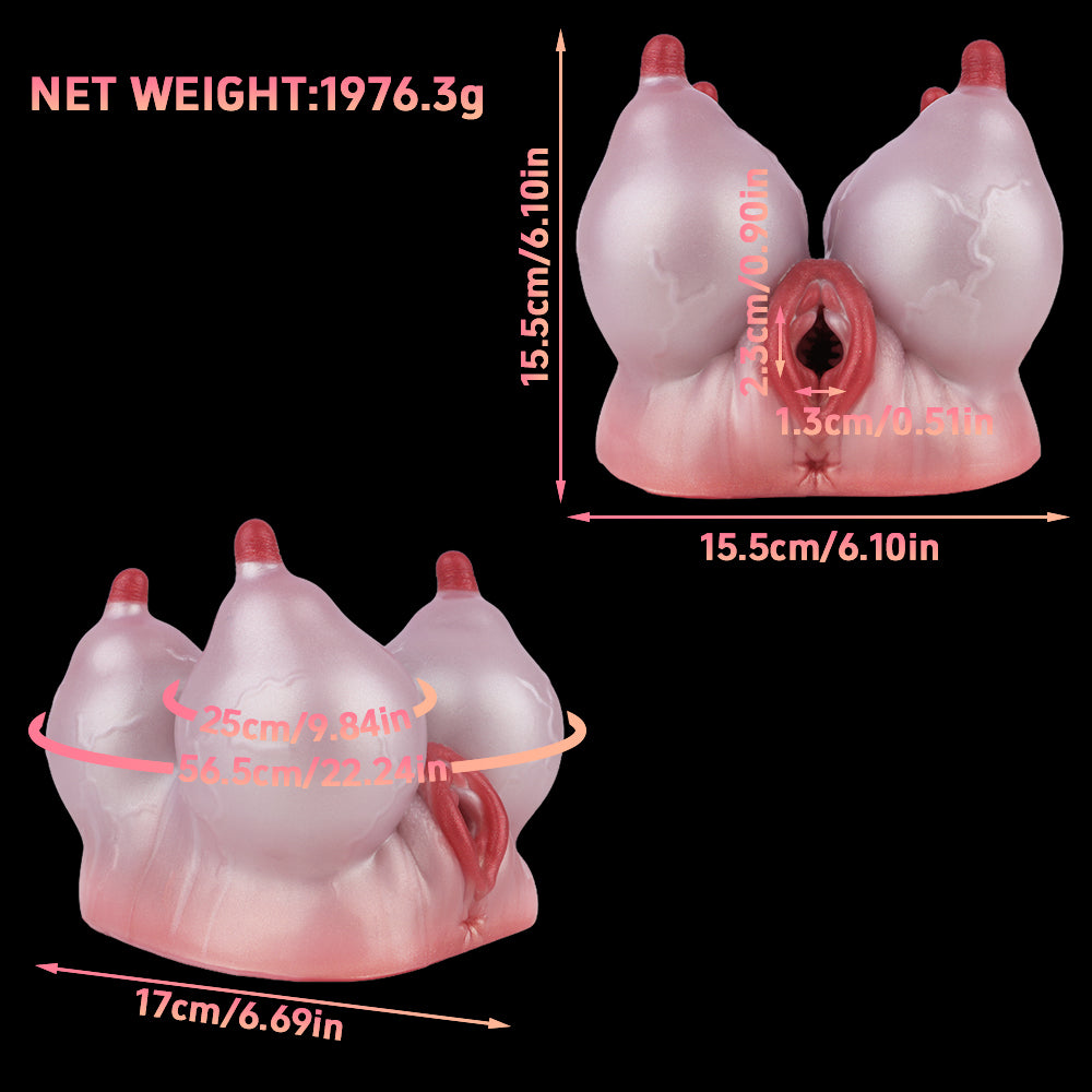 Pink silicone anatomical toy with red-tipped parts and central opening, side view