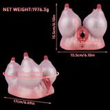 Pink silicone anatomical toy with red-tipped parts and central opening, side view