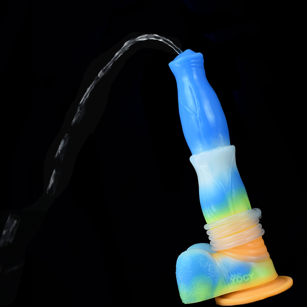 Horse vibrator with translucent spray tube and glowing blue body