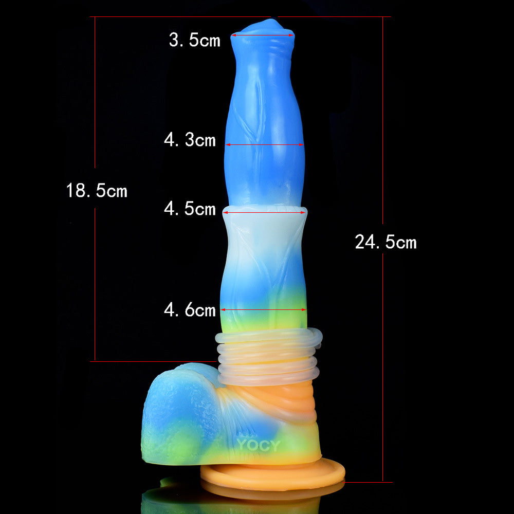 Size chart for blue horse vibrator: 18.5 cm tall with glowing base section
