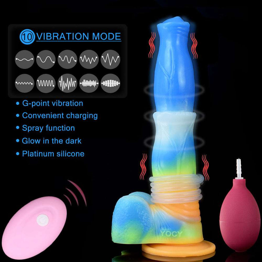 Glowing blue-to-rainbow sex vibrator with vibration mode graphic and features