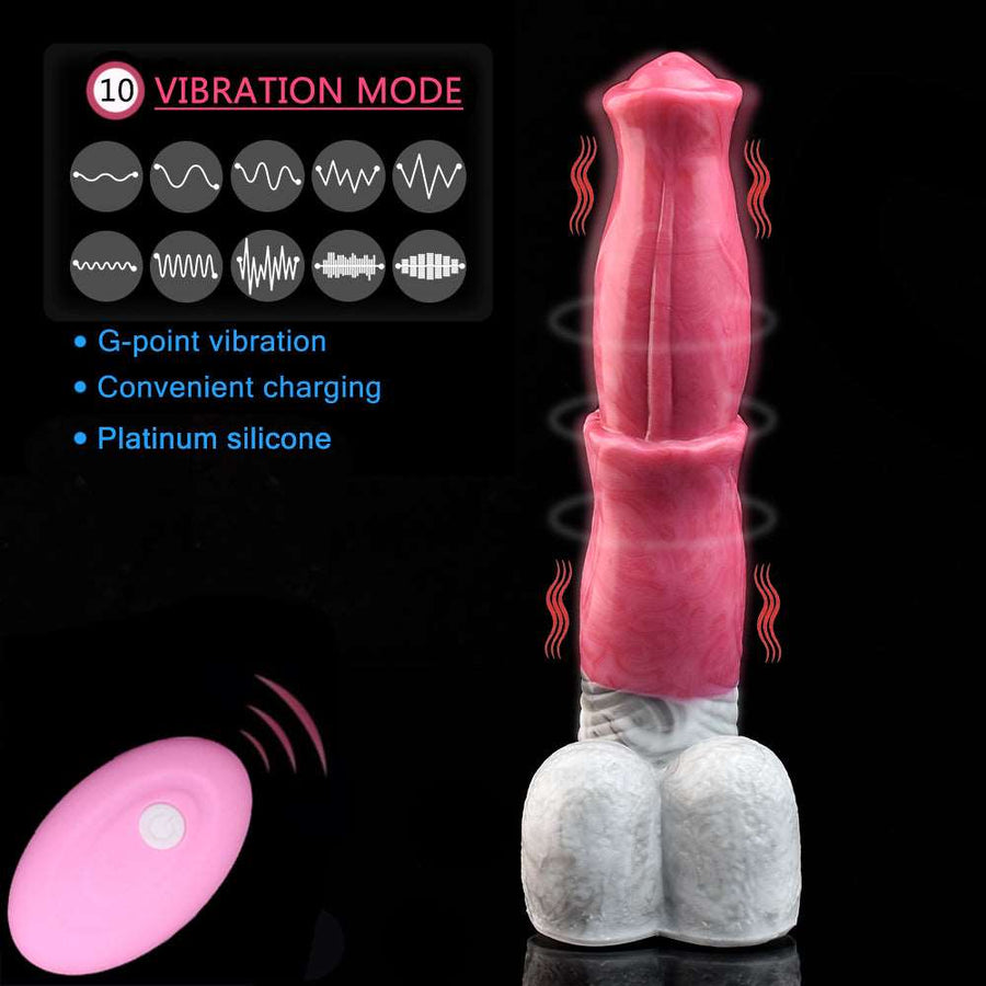 Pink vibrating horse-shaped strap-on device with gray base and pink remote