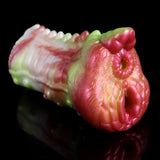 Fantasy dragon masturbator side view, pink body with green highlights and hollow center