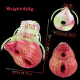 Fantasy dragon masturbator with size graphic: 22 cm height, 15.5 cm length