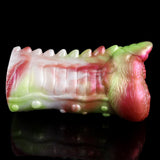 Dragon masturbator angled view, ribbed white shaft with pink-green curled dragon head