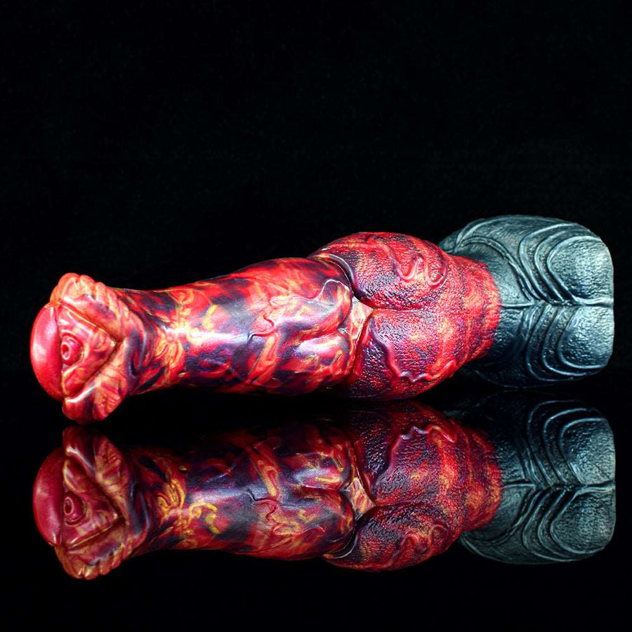 Full-length red and blue horse-shaped adult toy with gray base, side view.