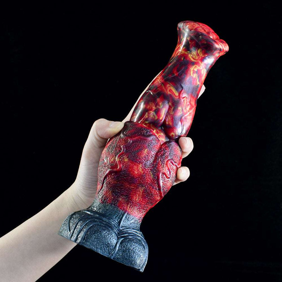 Hand holding red and blue horse-shaped adult toy, detailed mane texture.
